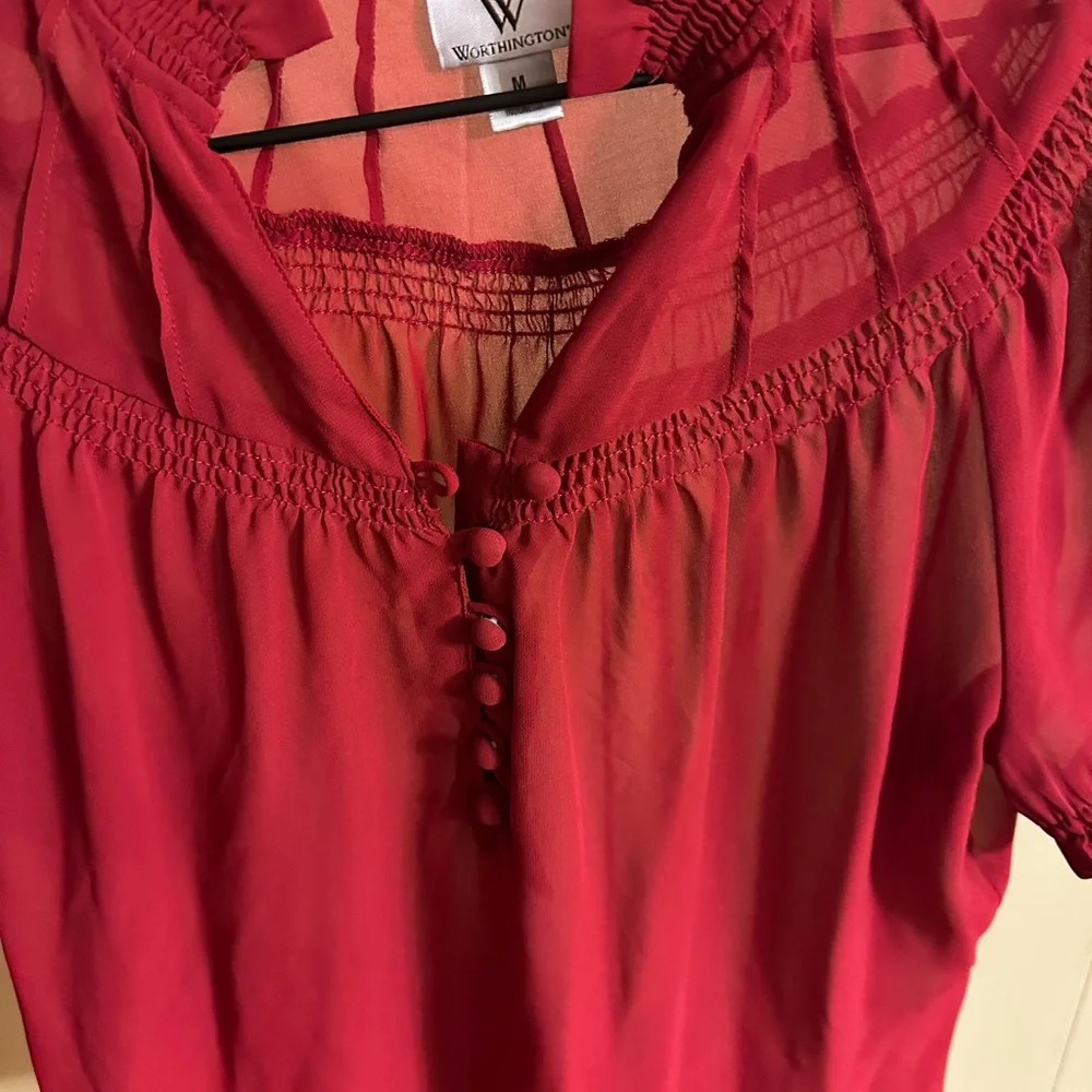 Worthington Sheer Red Short Sleeve Blouse with Button Details - Picture 5 of 5